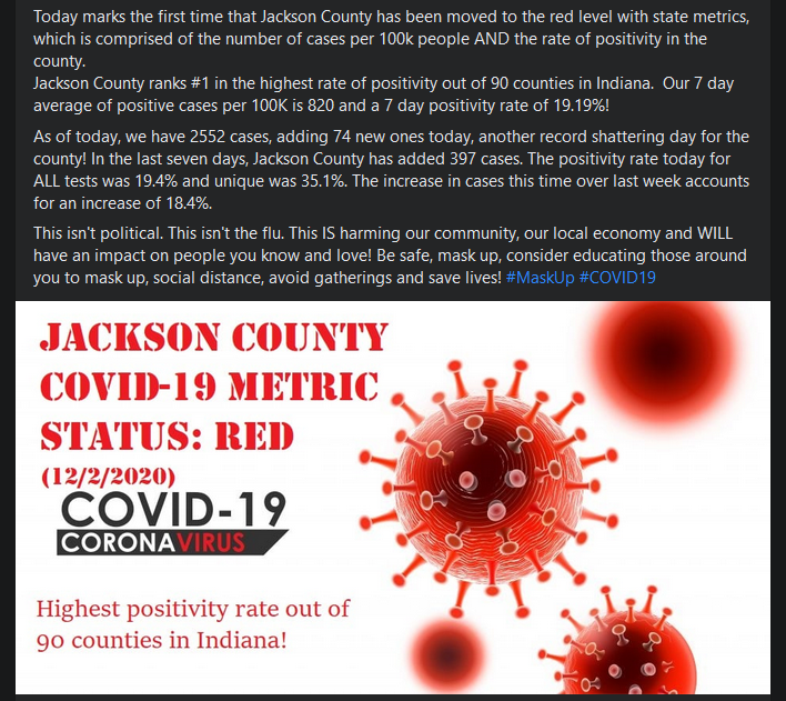 Jackson County Indiana excels at COVID.