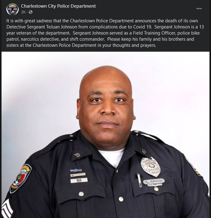 Charleston Indiana police officer dies of COVID complications.