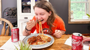 coco eating spaghetti