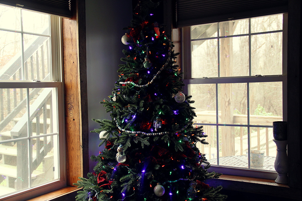 Christmas tree in the middle of 2 windows