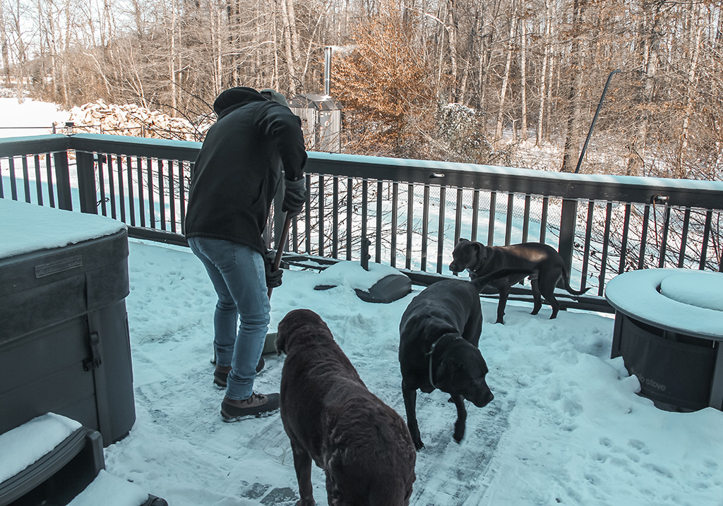 Perry shoveling the deck with help from dogs.