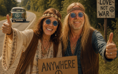 think Easy Rider, young people traveling cross-country, backpacks, roadside diners…